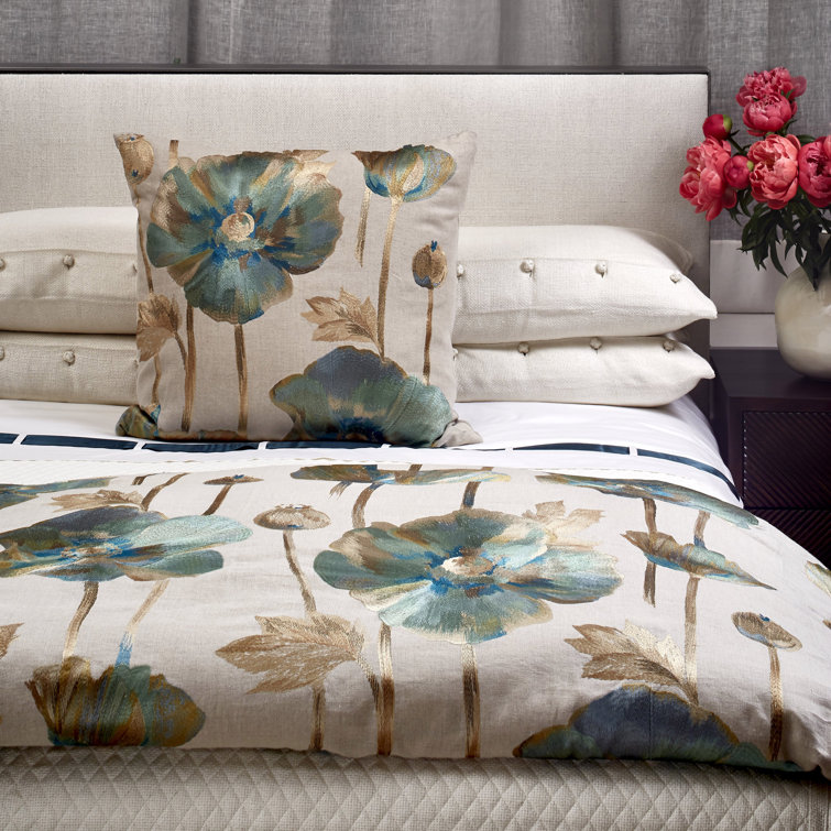 Ivory and Blue Linen-Cotton Queen Duvet Cover with Topstitched Flange