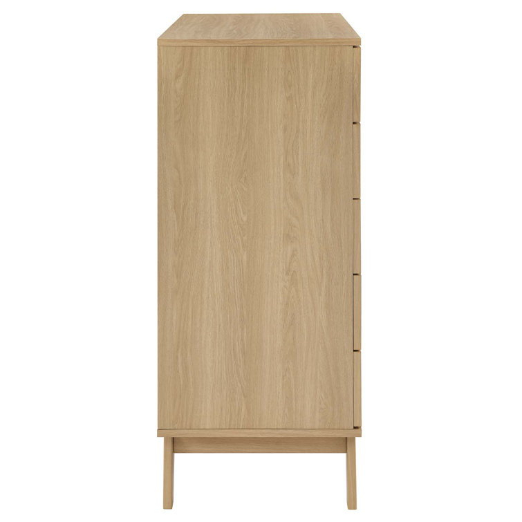 Soma Oak 5-Drawer Chest with Rattan Weave and Splayed Legs