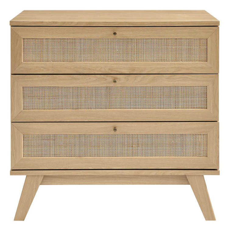 Walnut 3-Drawer Dresser with Rattan Weave Fronts