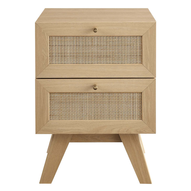Soma Oak 2-Drawer Nightstand with Rattan Weave Detail