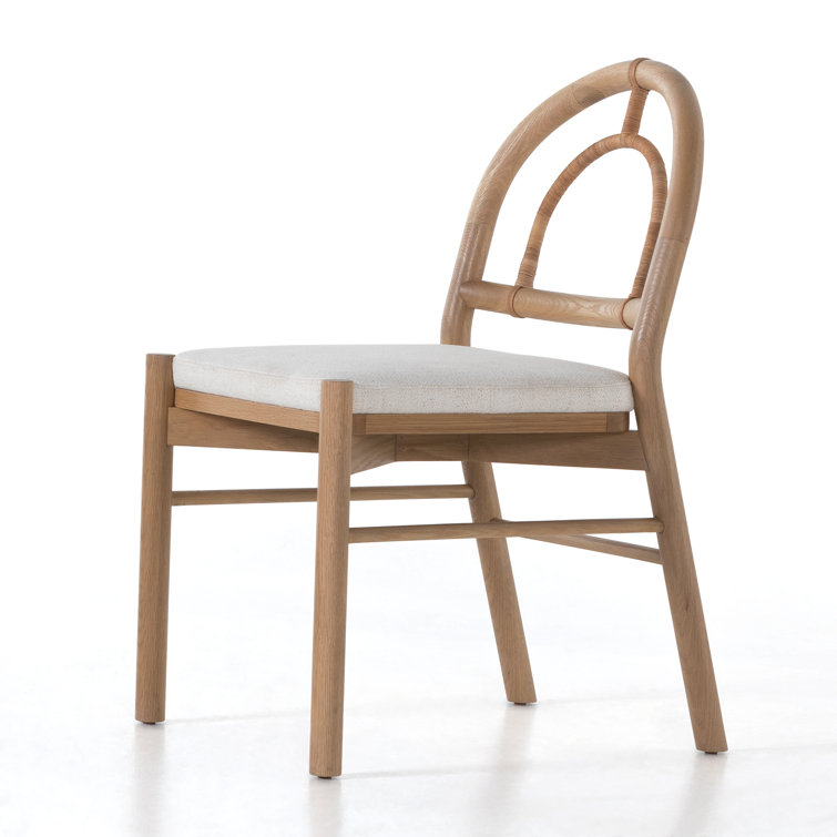 High Burnished Oak and Cane Side Chair with White Linen Upholstery