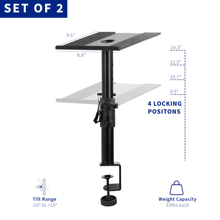 Black Adjustable Steel Clamp-on Desk Speaker Stands, 2 Pack