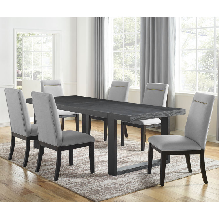 Gray and Black 7-Piece Extendable Dining Set with Upholstered Chairs