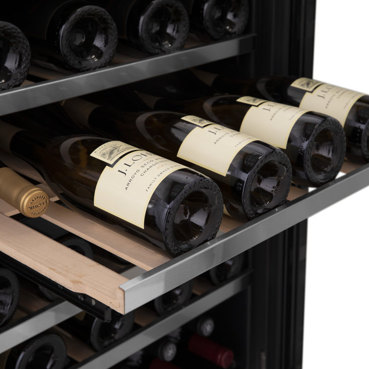 Stainless Steel Dual Zone Wine Cooler with Gold Handle and Interior Lighting