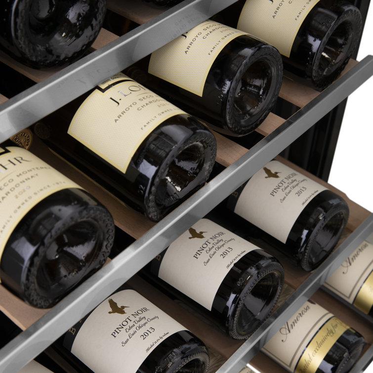 Stainless Steel Dual Zone Wine Cooler with Gold Handle and Interior Lighting