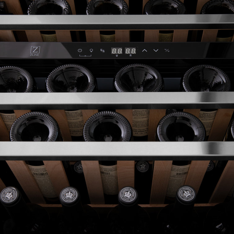 Stainless Steel Dual Zone Wine Cooler with Gold Handle and Interior Lighting