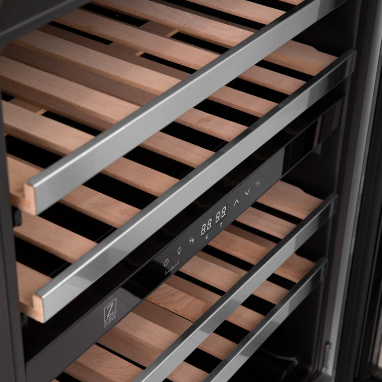 Stainless Steel Dual Zone Wine Cooler with Gold Handle and Interior Lighting