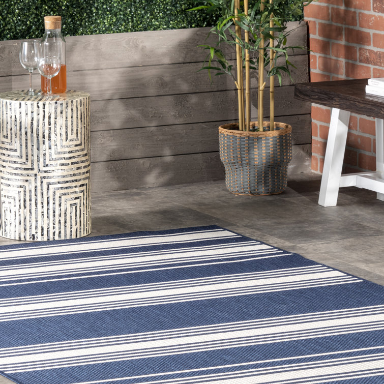 Navy and White Striped Synthetic Rectangular Area Rug 2' x 3'