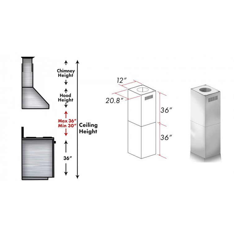 Stainless Steel Island Range Hood Chimney Extension for 10'-12' Ceilings