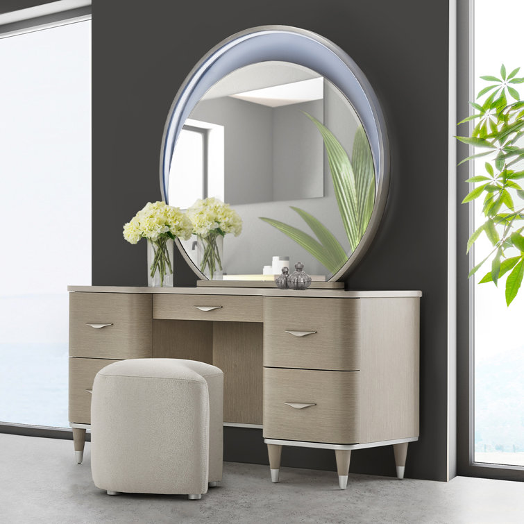 Contemporary Eclipse Cream Vanity Stool with Stainless Steel Frame