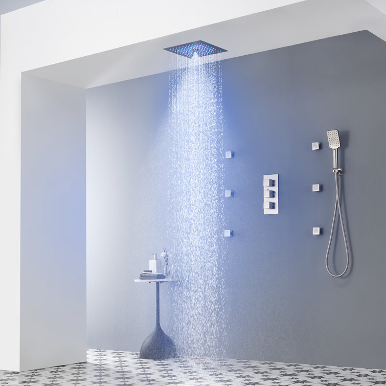 Brushed Nickel LED Ceiling Mounted Shower System with Body Jets