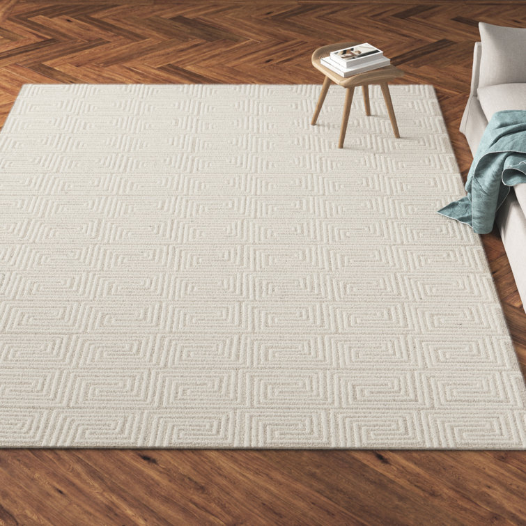 Handmade White and Gray Geometric Wool Rug 9' x 13'