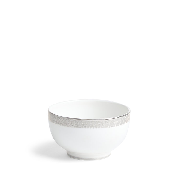White Ceramic Round Rice Bowl with Platinum Band