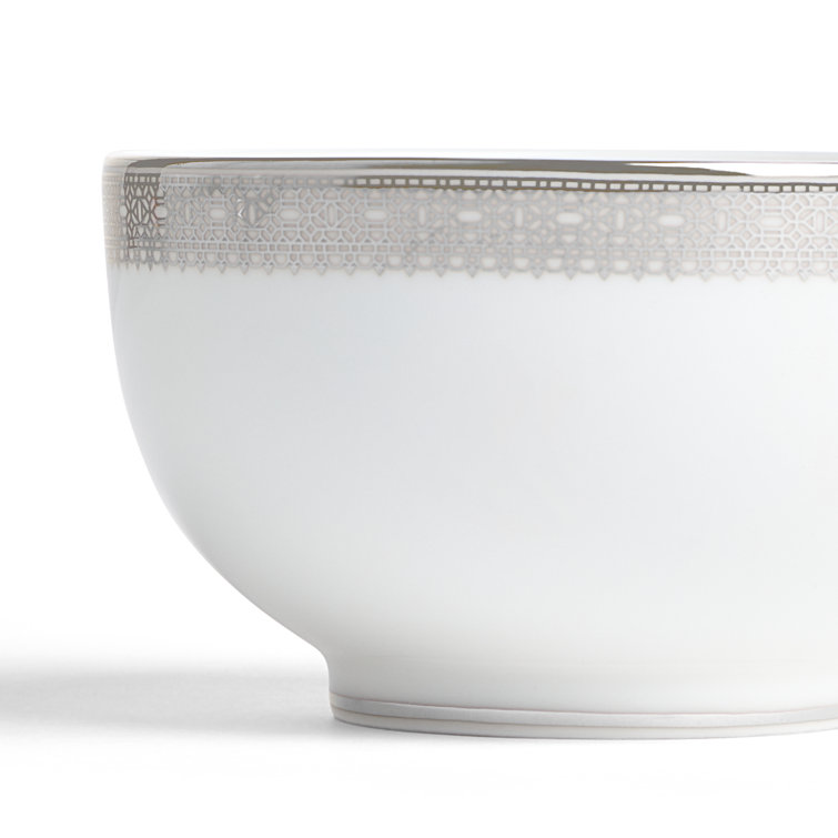 White Ceramic Round Rice Bowl with Platinum Band