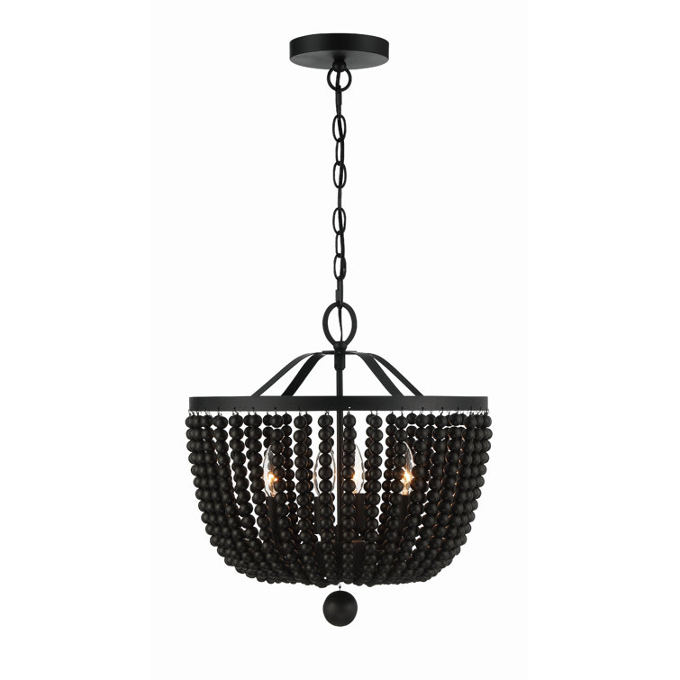 Mini Matte Black Crystal and Wood Bead 4-Light Chandelier