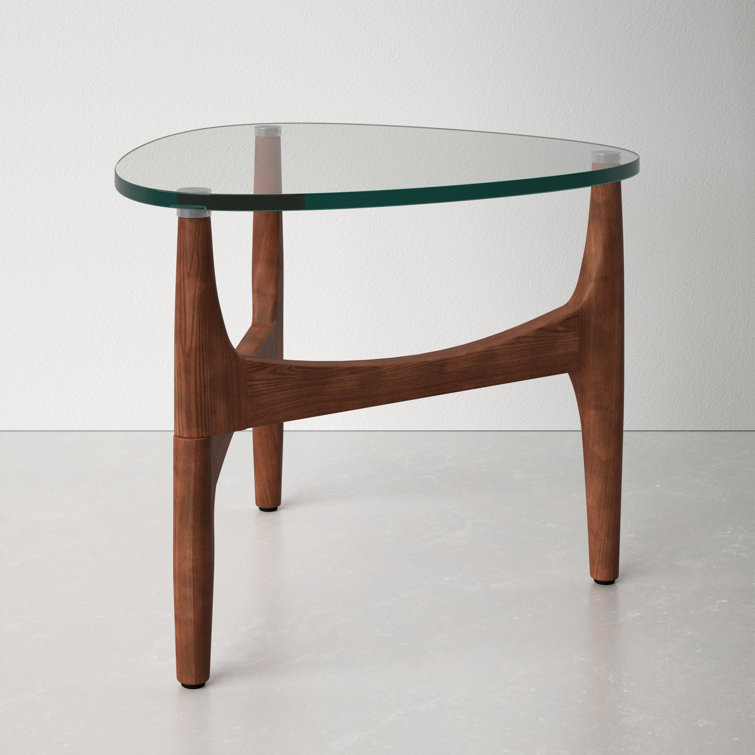 Triangular Clear Glass and Walnut End Table
