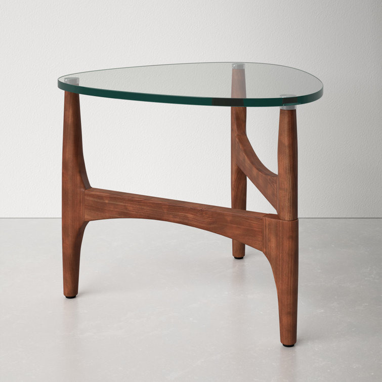 Triangular Clear Glass and Walnut End Table