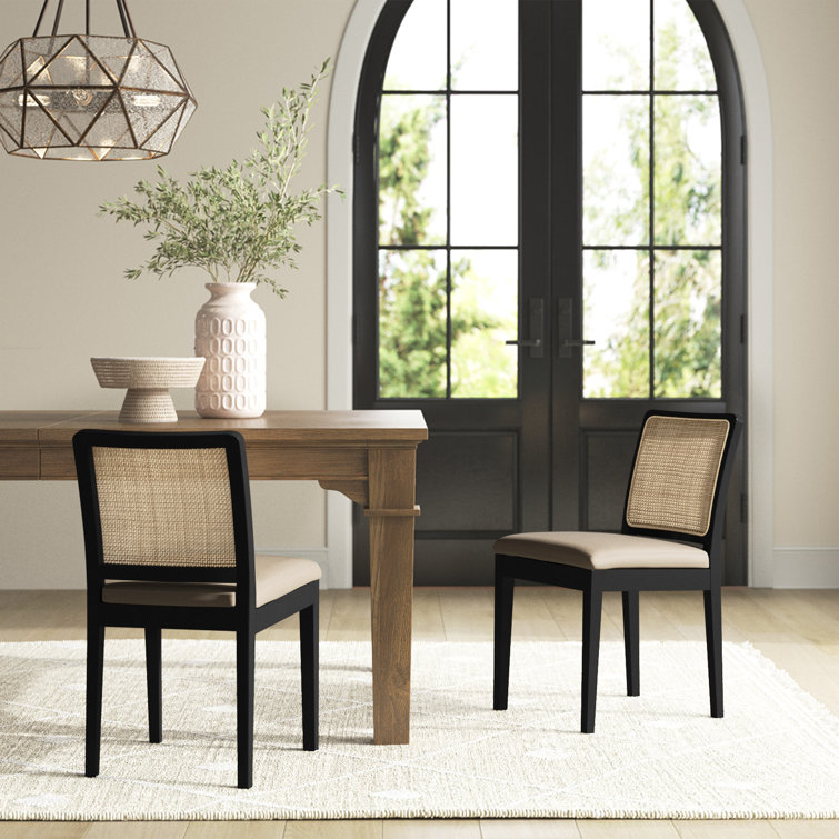 Black and Natural Elm Wood and Cane Side Chair Set