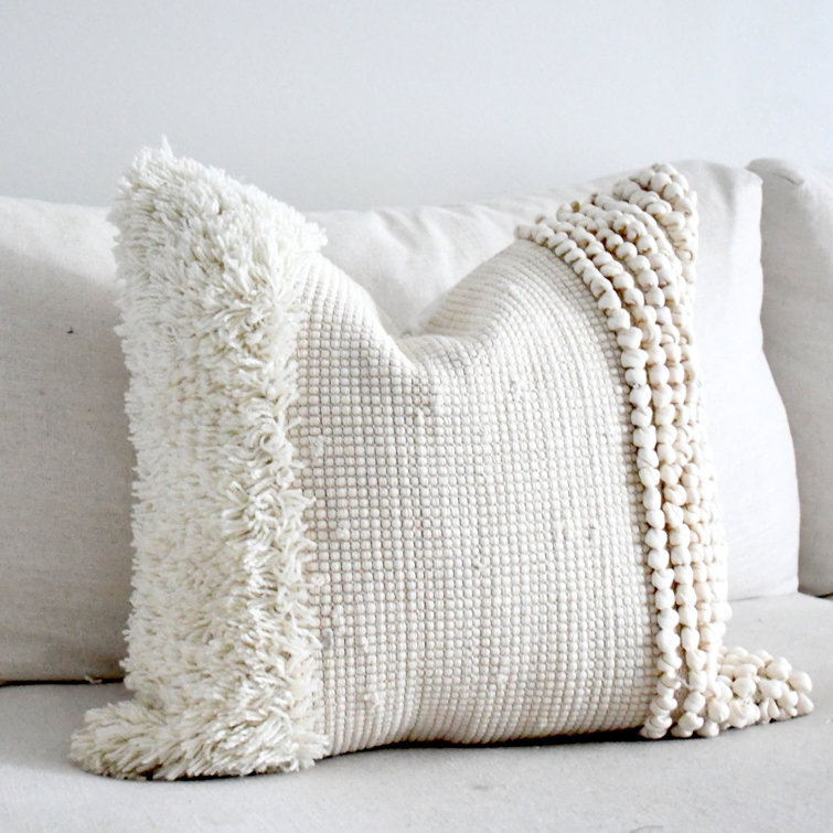 Off-White Cotton Wool Textured Boho Throw Pillow