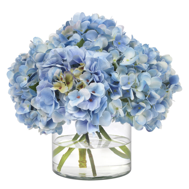 Blue Artificial Hydrangeas in Clear Glass Vase