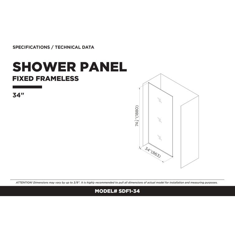 34'' W x 74.25'' H Black Frameless Tempered Glass Shower Panel