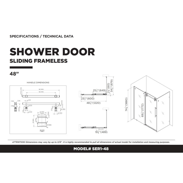 48.25'' Black Tempered Glass Sliding Frameless Shower Door