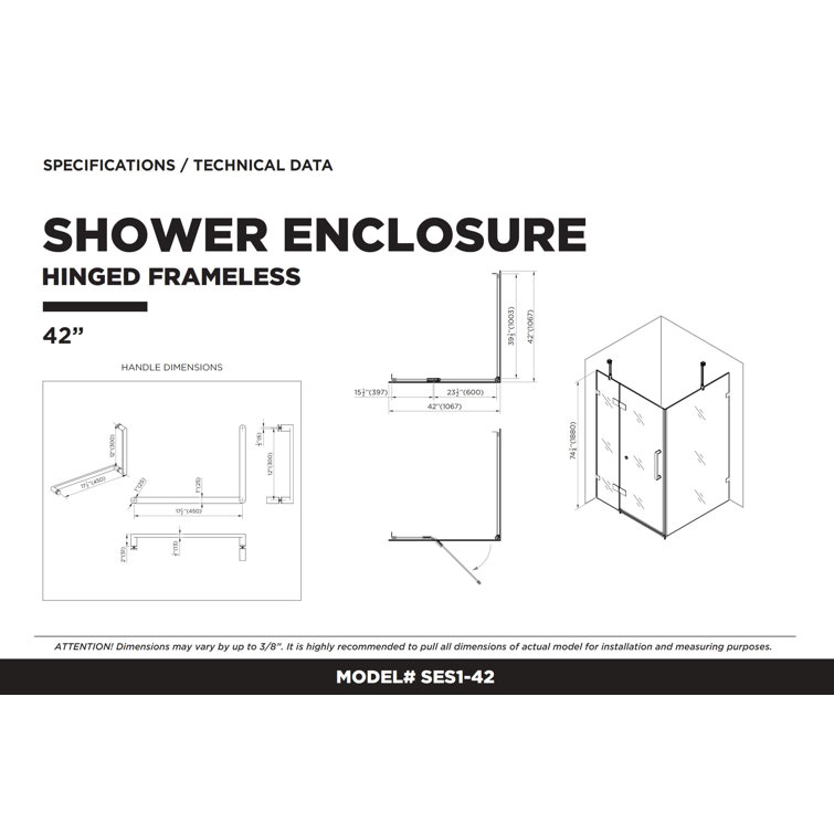 42'' Frameless Hinged Glass Shower Door with Chrome Finish