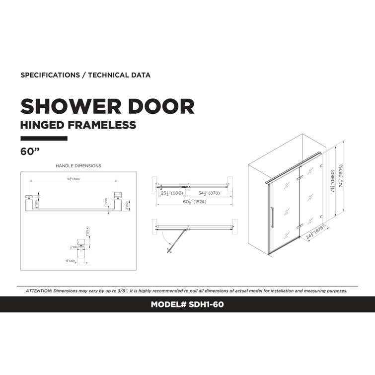 60'' Clear Tempered Glass Hinged Frameless Shower Door with Chrome Finish