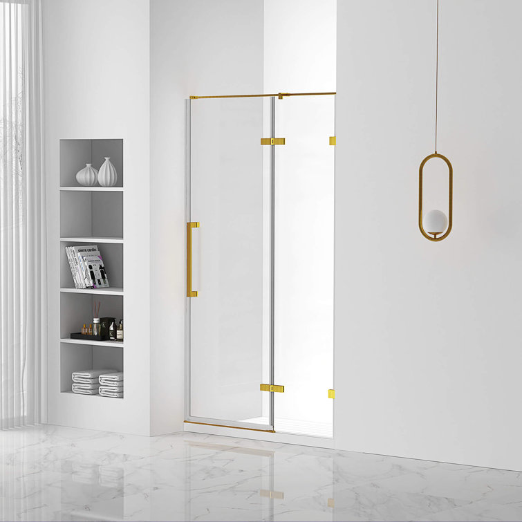 Satin Brass Hinged Frameless Shower Door with Clear Tempered Glass