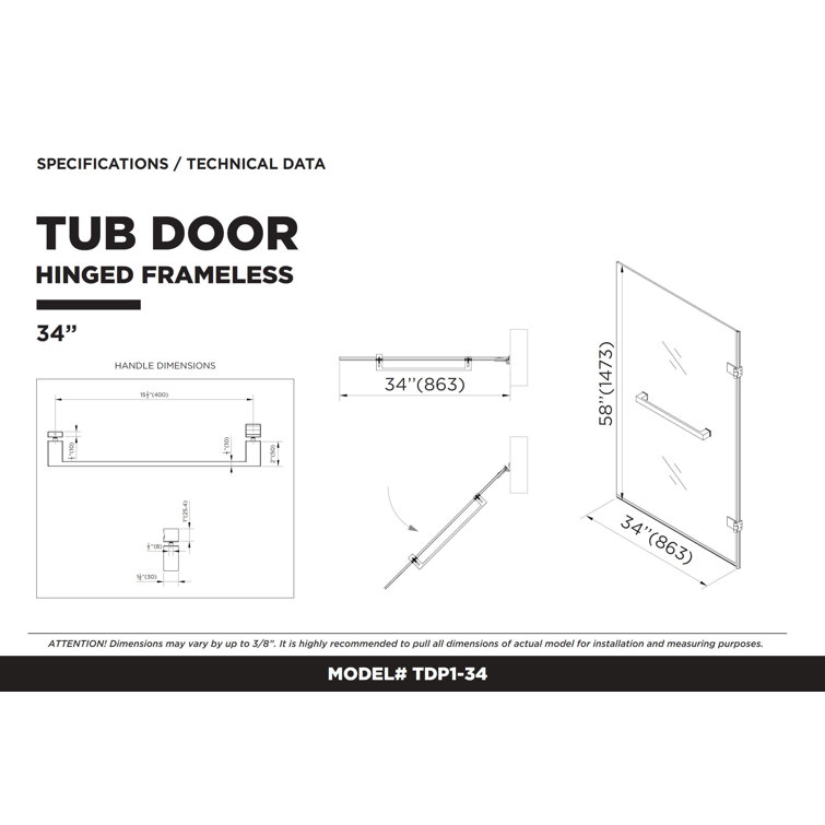 34'' W x 58'' H Black Frameless Glass Tub Door