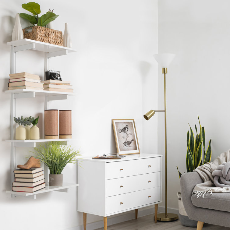 White 4-Tier Floating Wall Shelves with Light Oak Finish