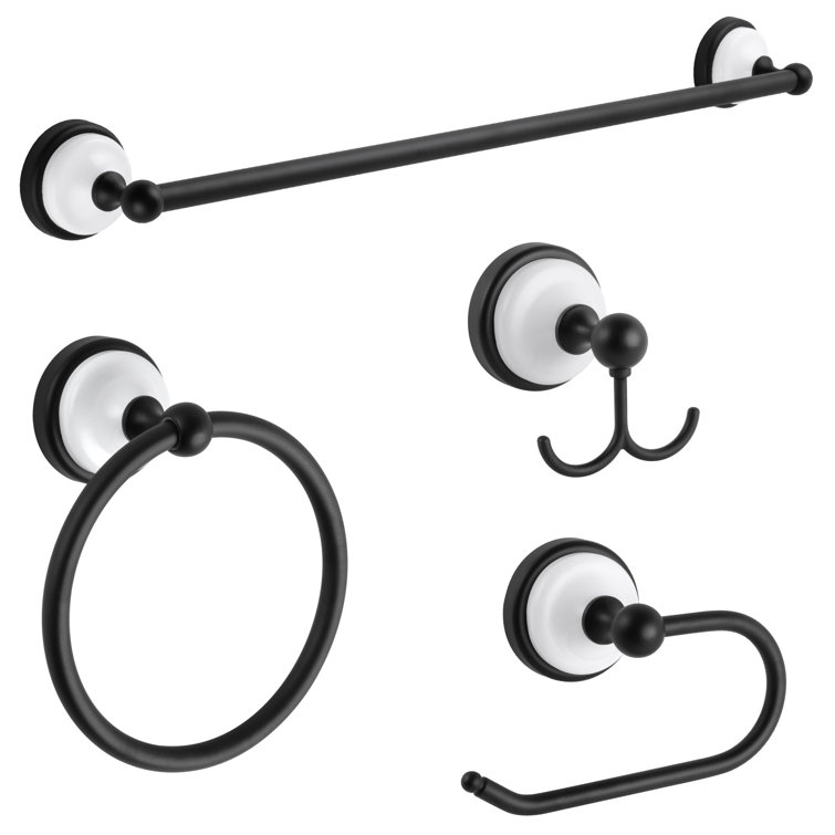 Savannah Matte Black and White 4-Piece Bathroom Hardware Set