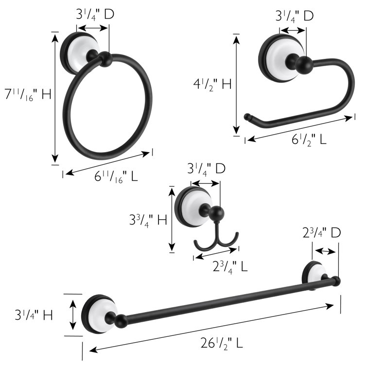 Savannah Matte Black and White 4-Piece Bathroom Hardware Set