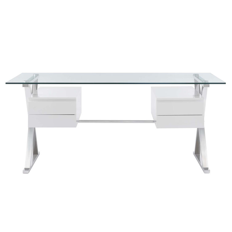 Elegant 71" White Glass Desk with Floating Drawers & Steel Frame