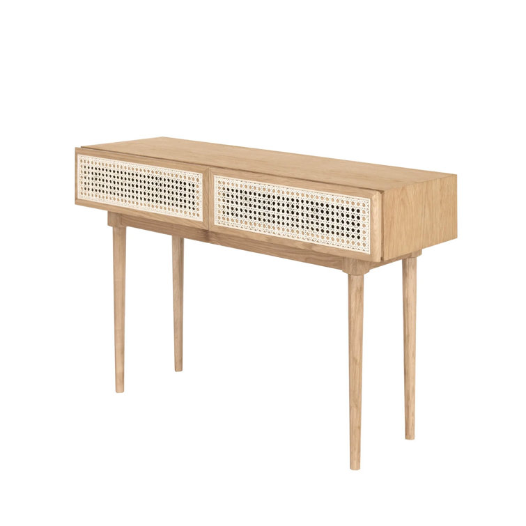 Smoked Oak & Rattan Dual-Drawer Console Table with Ball Bearing Glides