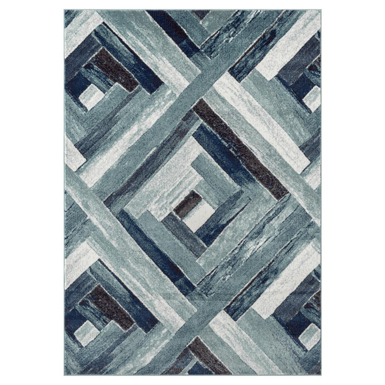 Modern Geometric Blue and Gray Synthetic Area Rug