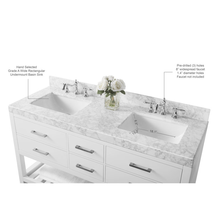 Elizabeth 60" White Wood Bathroom Vanity Set with Marble Top