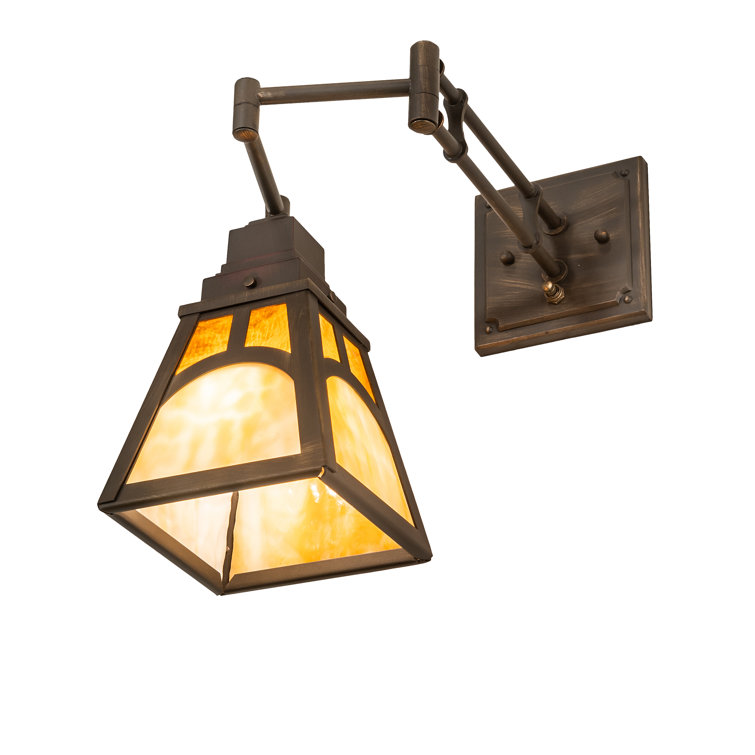 Antique Brass Swing Arm Sconce with Amber Glass Shade
