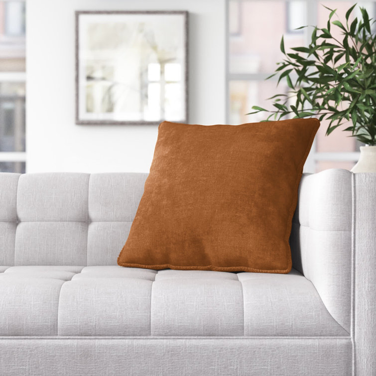 Tan Cotton Square Embroidered Throw Pillow with Fringed Edges