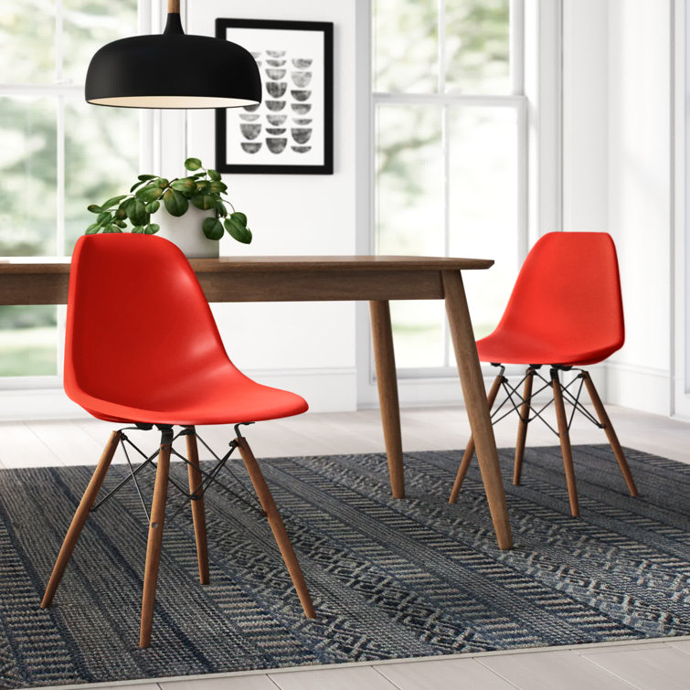 Red Plastic Bucket Seat Side Chair with Walnut Legs, Set of 2