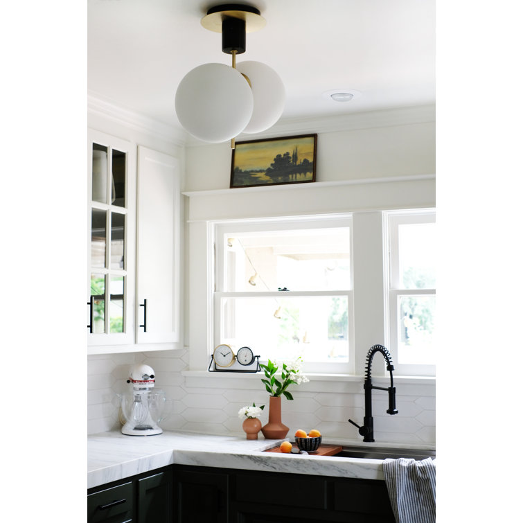 Scandinavian Mid-Century Modern Satin Brass & Black Globe Ceiling Light
