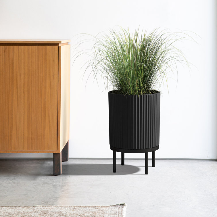 Black Fluted Concrete-Composite Planter with Acacia Wood Stand