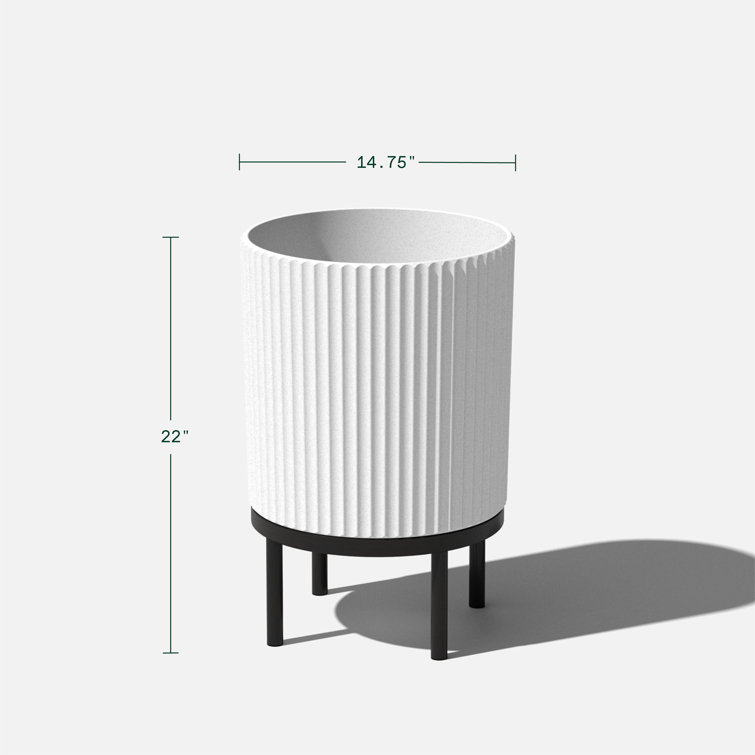 White and Black Concrete-Composite Planter with Acacia Stand, 16" - Set of 2