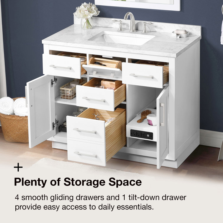 Athea 42" Pure White Freestanding Bathroom Vanity with Marble Countertop