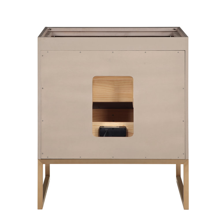 Walnut and Satin Brass Single Bathroom Vanity with White Quartz Top