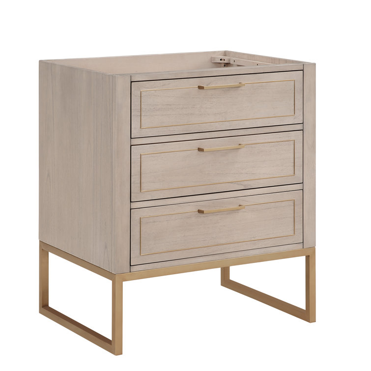 Walnut and Satin Brass Single Bathroom Vanity with White Quartz Top