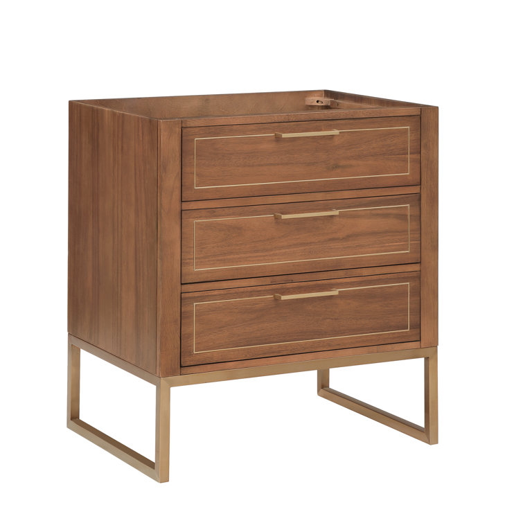 Walnut and Satin Brass Single Bathroom Vanity with White Quartz Top