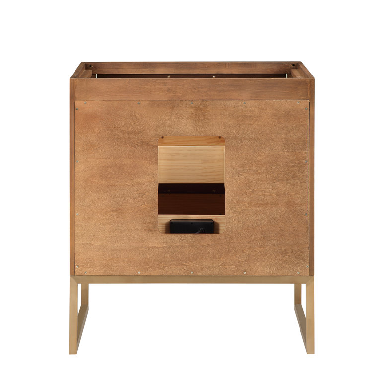 Walnut and Satin Brass Single Bathroom Vanity with White Quartz Top