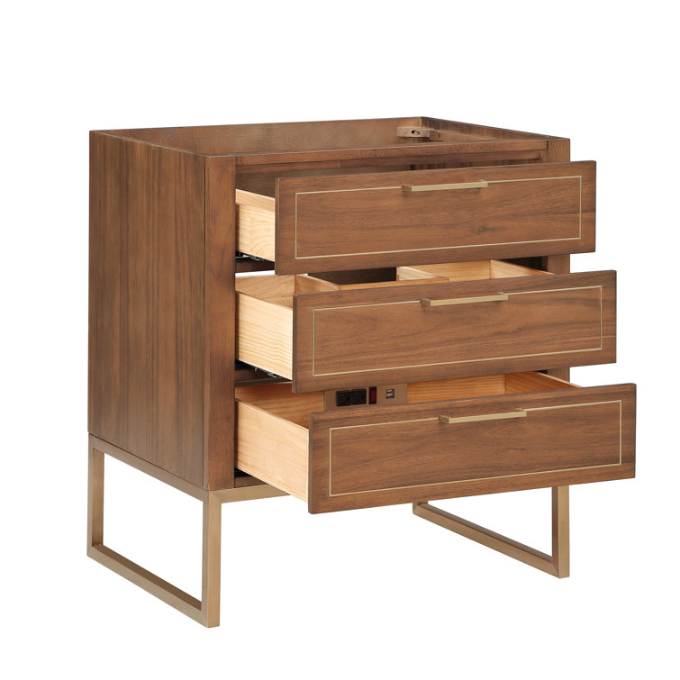 Walnut and Satin Brass Single Bathroom Vanity with White Quartz Top