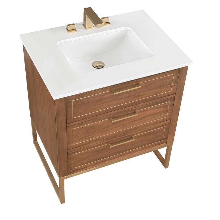 Walnut and Satin Brass Single Bathroom Vanity with White Quartz Top
